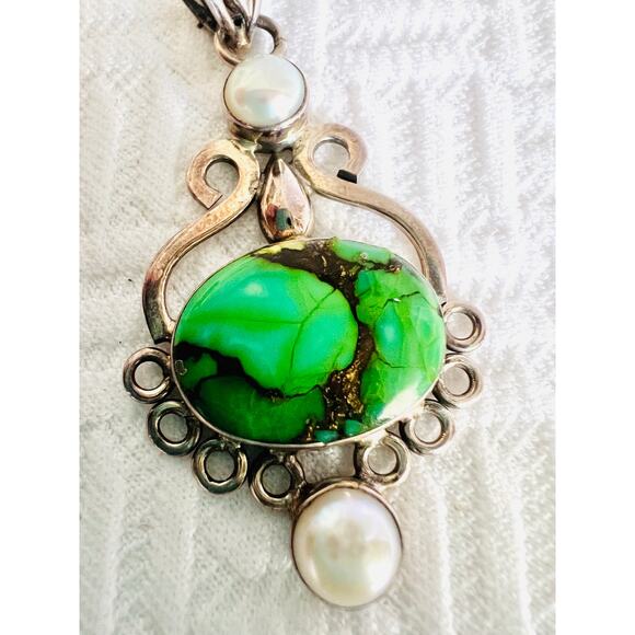 Vintage Sterling Silver Mojave Turquoise & Pearl Pendant 925 Boho 7g Green - Picture 4 of 10